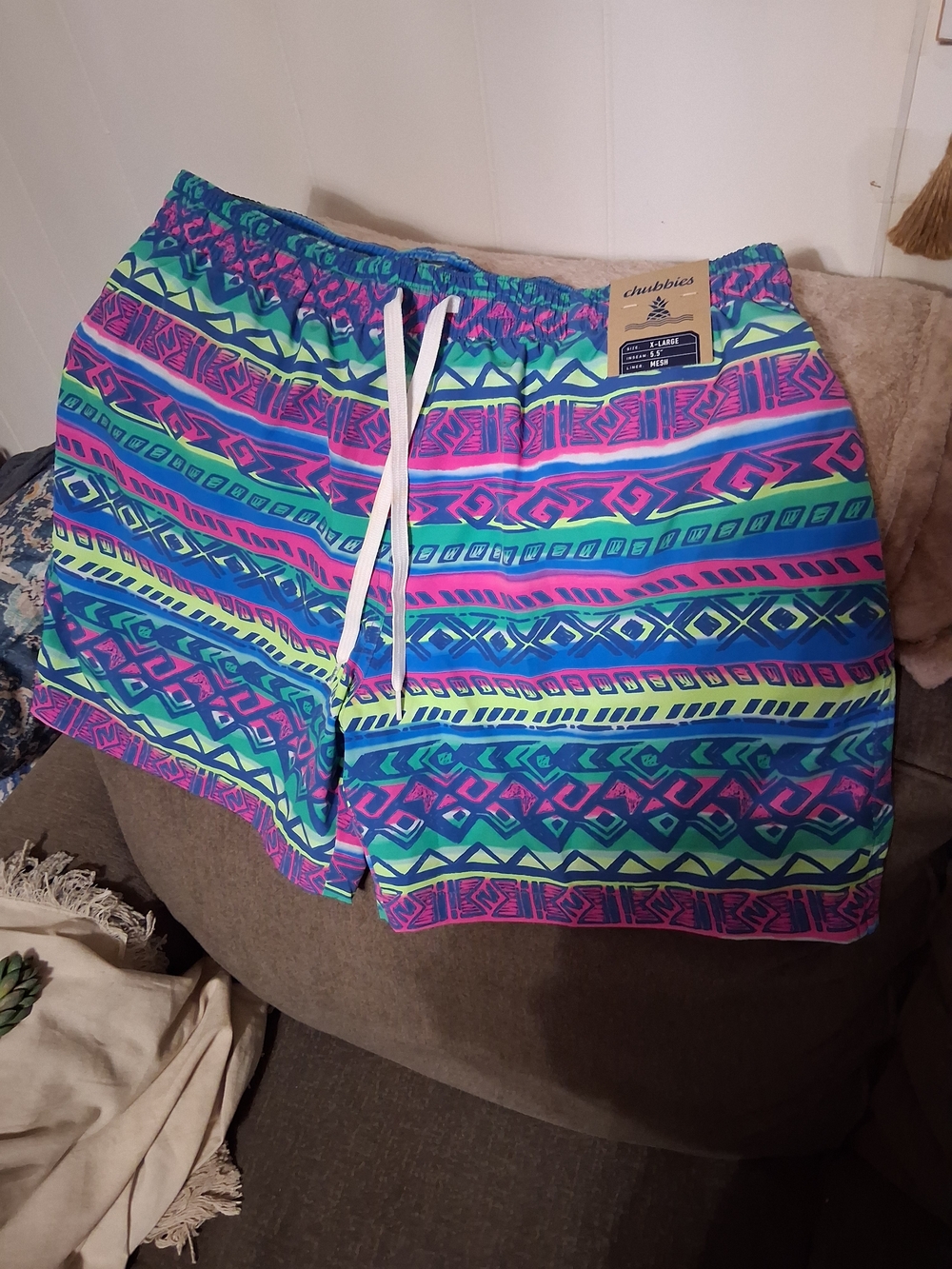 chubbies Neon Aztec Stripe Swim Trunks - Blue, Green, Pink